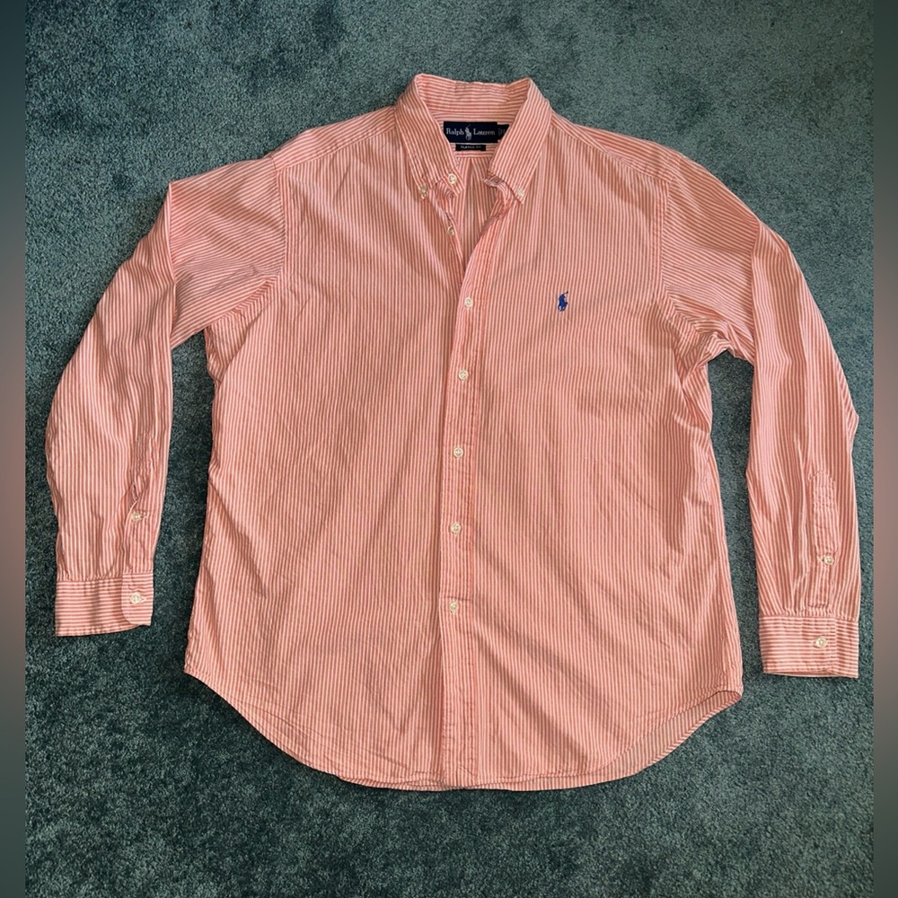 Ralph Lauren Polo Button Down Orange Striped Shirt Cotton Men’s Large